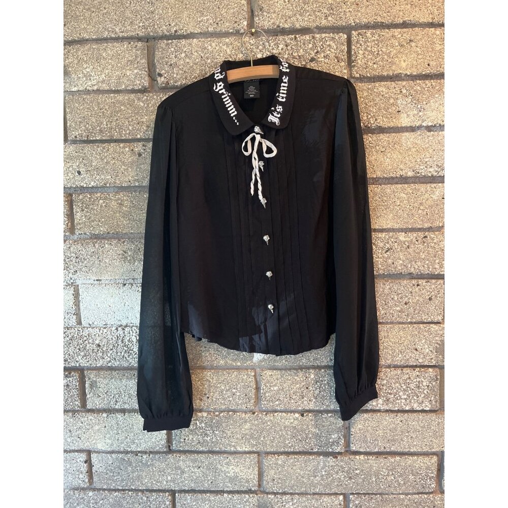 Goth-Inspired Black Button-Up Blouse W/ Embroidered Collar Plague Doctor Buttons